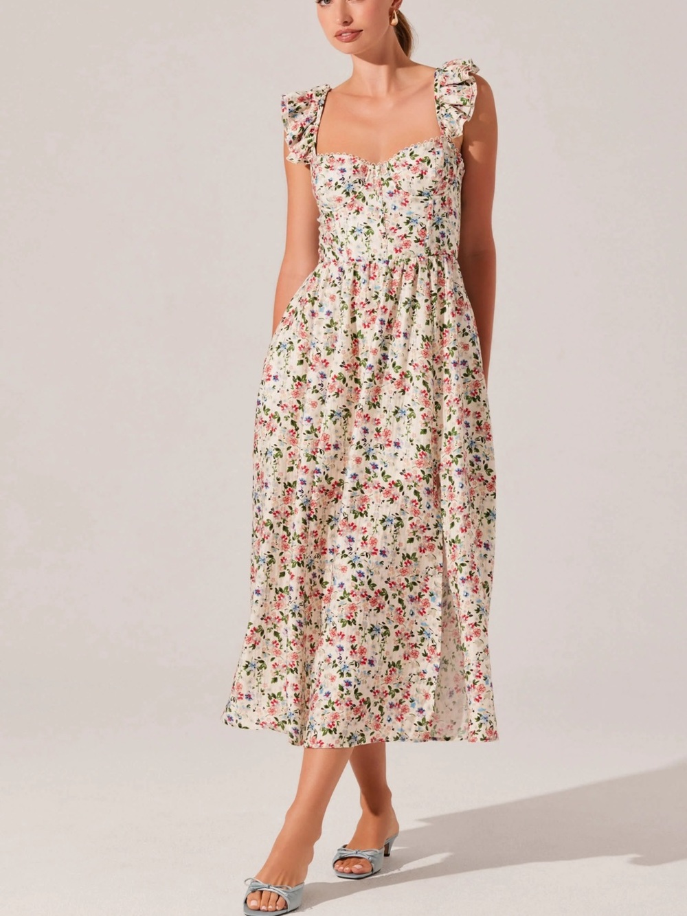 Astr Floral Midi Dress in Cream with Pink, Green & Blue Motif